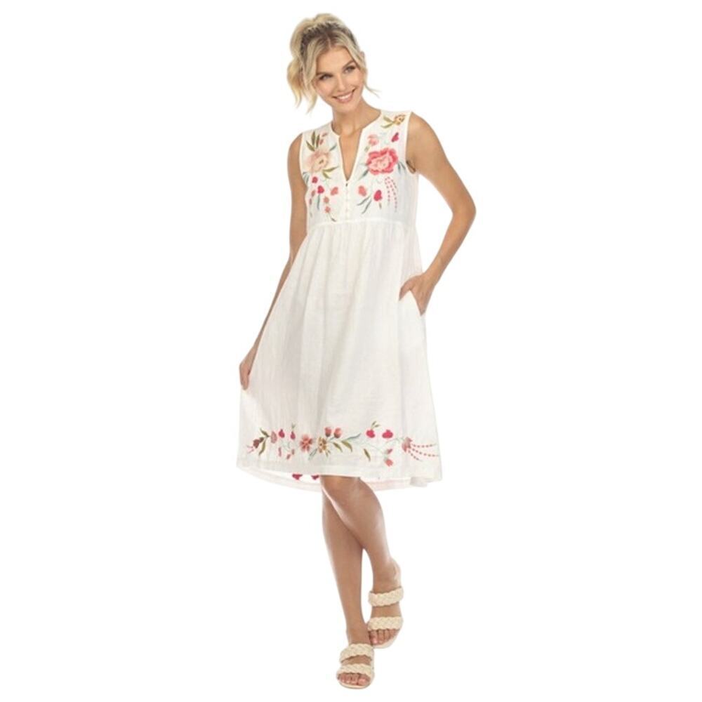 Johnny Was JWLA Joya Linen Embroidered Tank Dress Size XS Floral White Pink